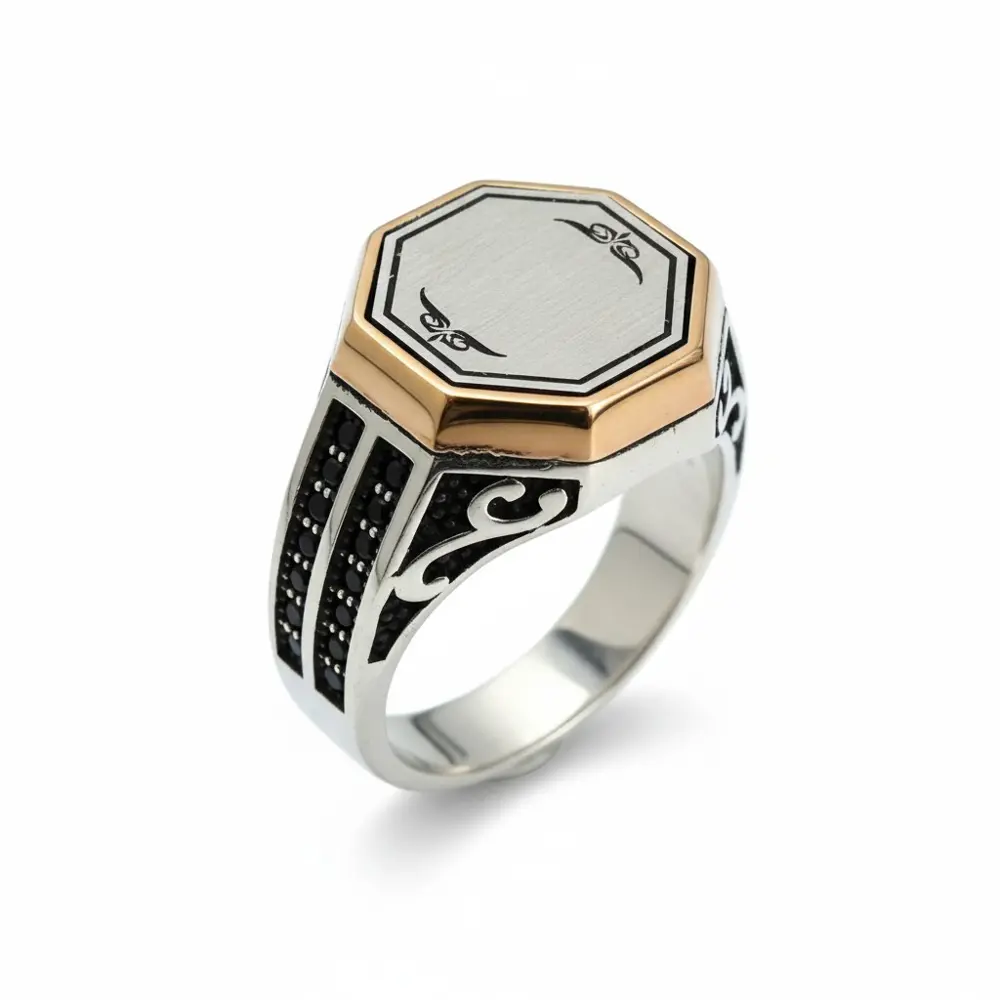 Zirkon Taşlı Sekizgen Plakalı Gümüş Yüzük 250057091G13Y