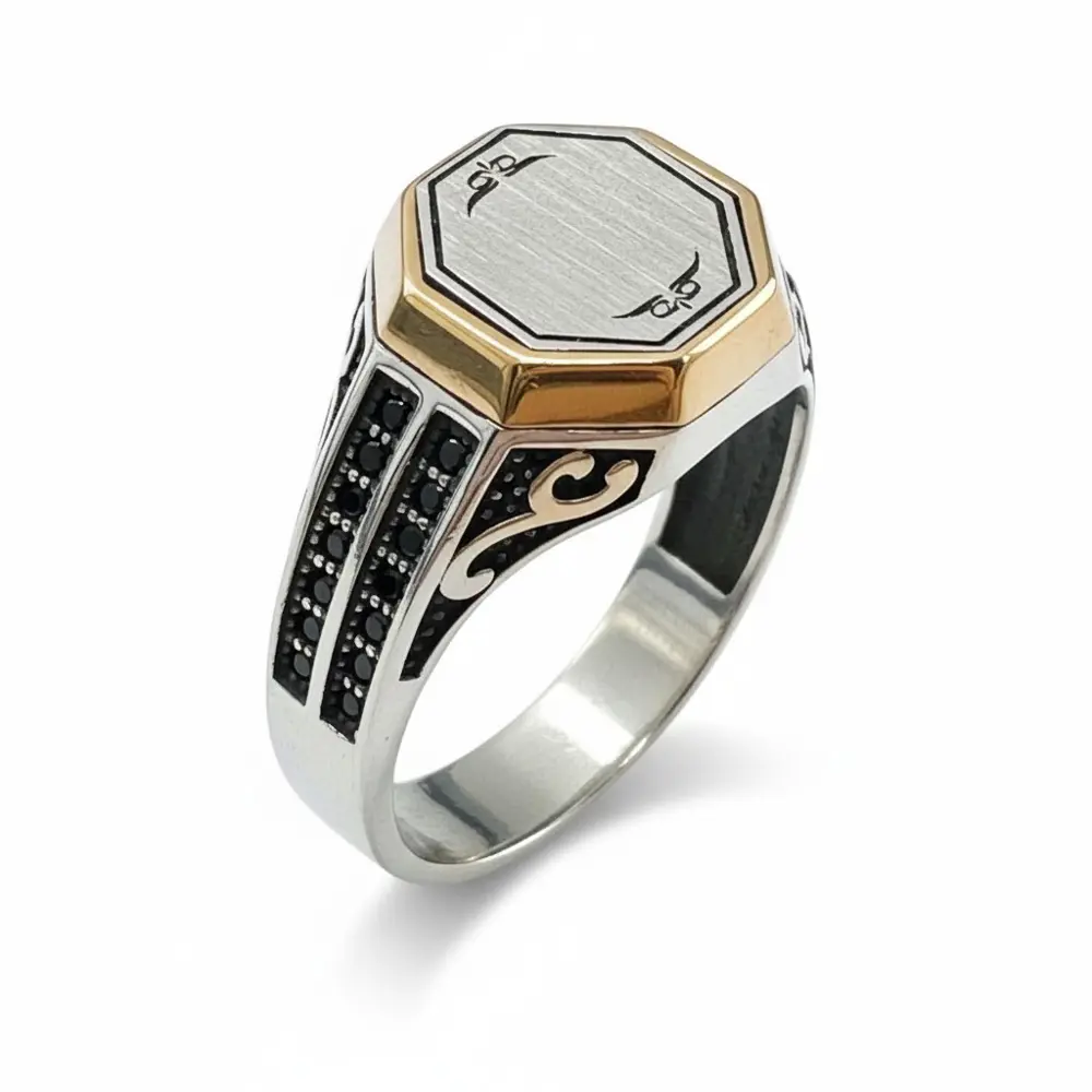 Zirkon Taşlı Sekizgen Plakalı Gümüş Yüzük 250057091G13Y