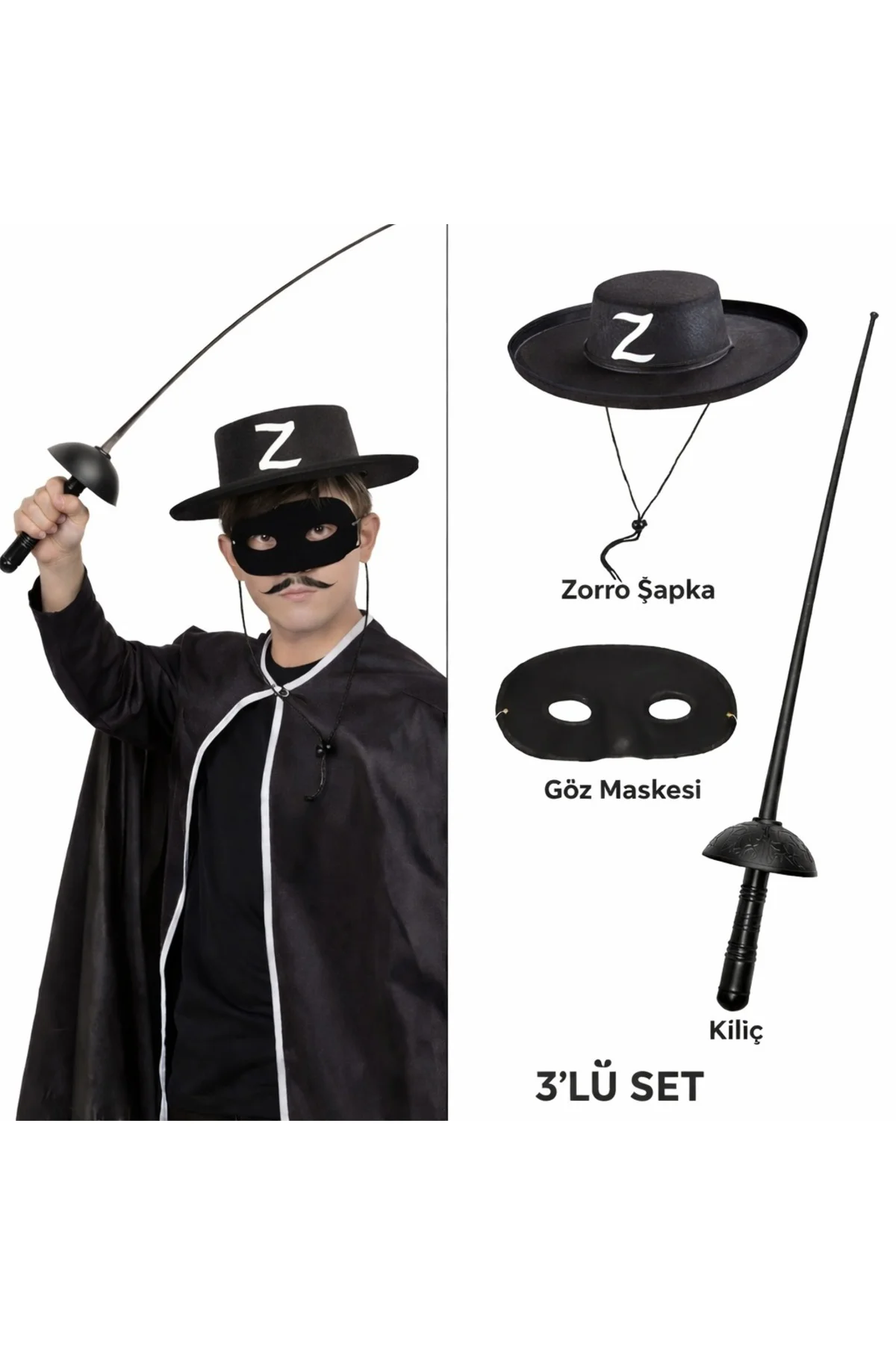 Zorro Kostüm Seti 3’lü Çuk – Şapka, Maske ve Kılıç
