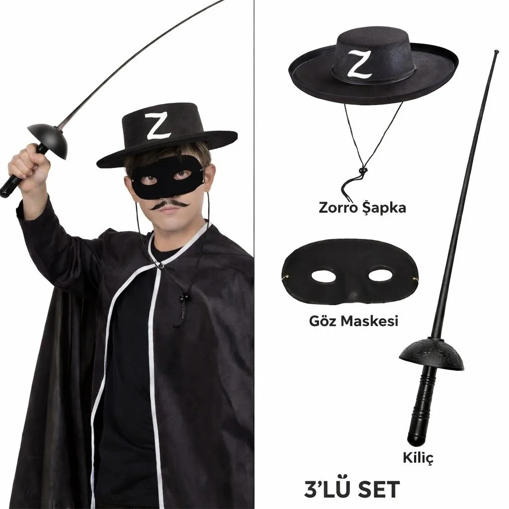 Zorro Kostüm Seti 3'lü Çocuk – Şapka, Maske ve Kılıç | Kostüm Partisi Fiyatı, Yorumları ve Özellikleri