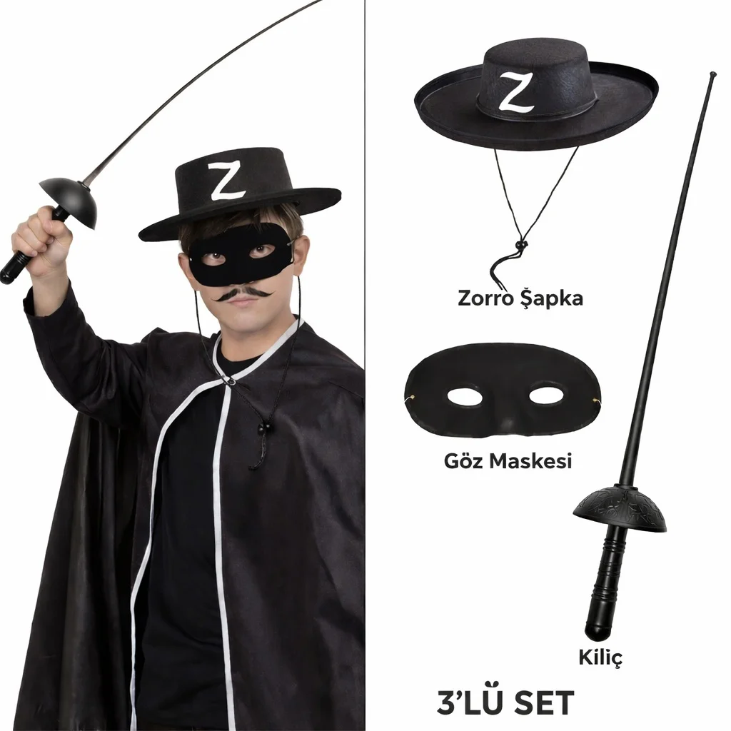 Zorro Kostüm Seti 3’lü Çuk – Şapka, Maske ve