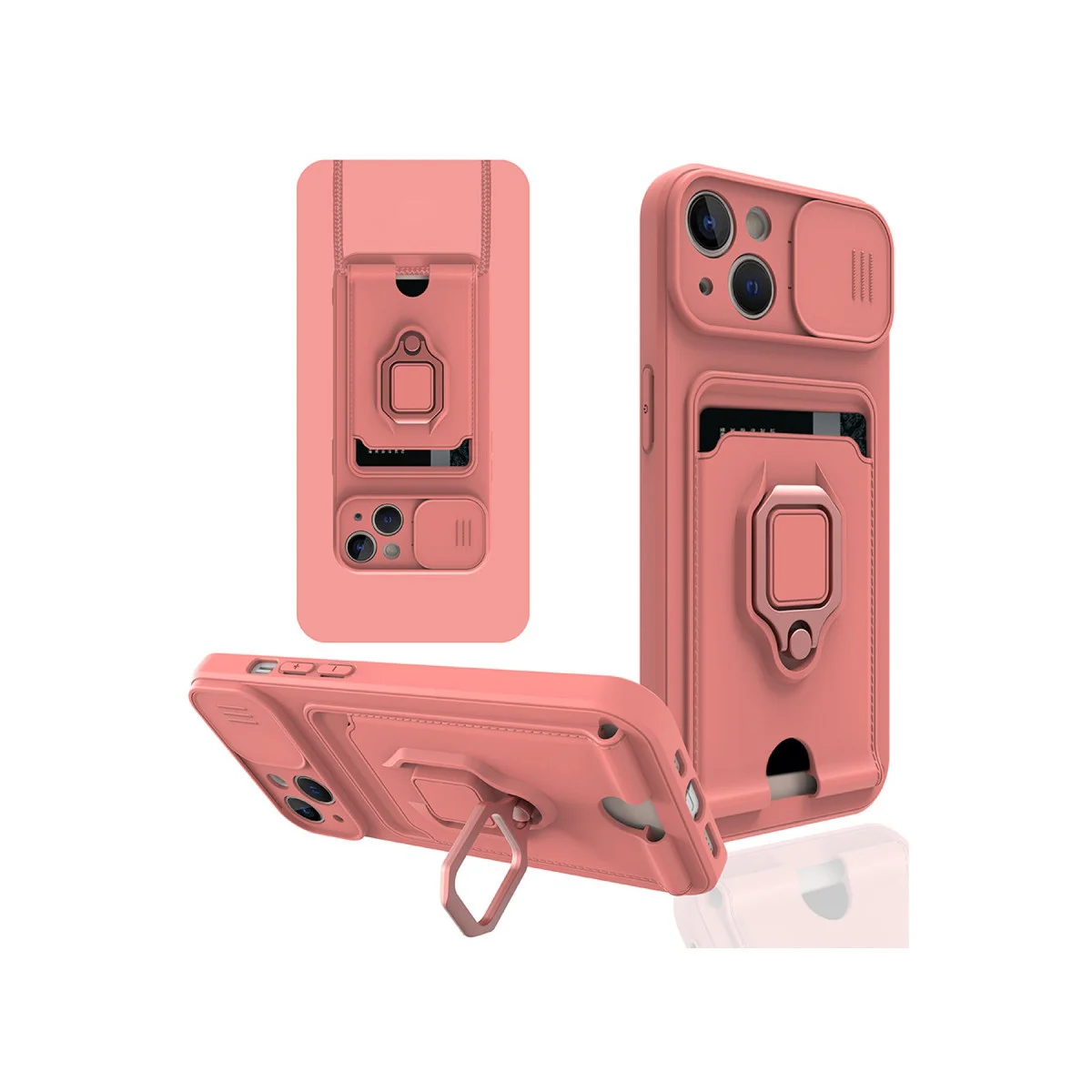 Zuma Kart Bölmeli Kılıf – iPhone 15 Pembe Standlı Kamera Korumalı ve Omuz Askılı