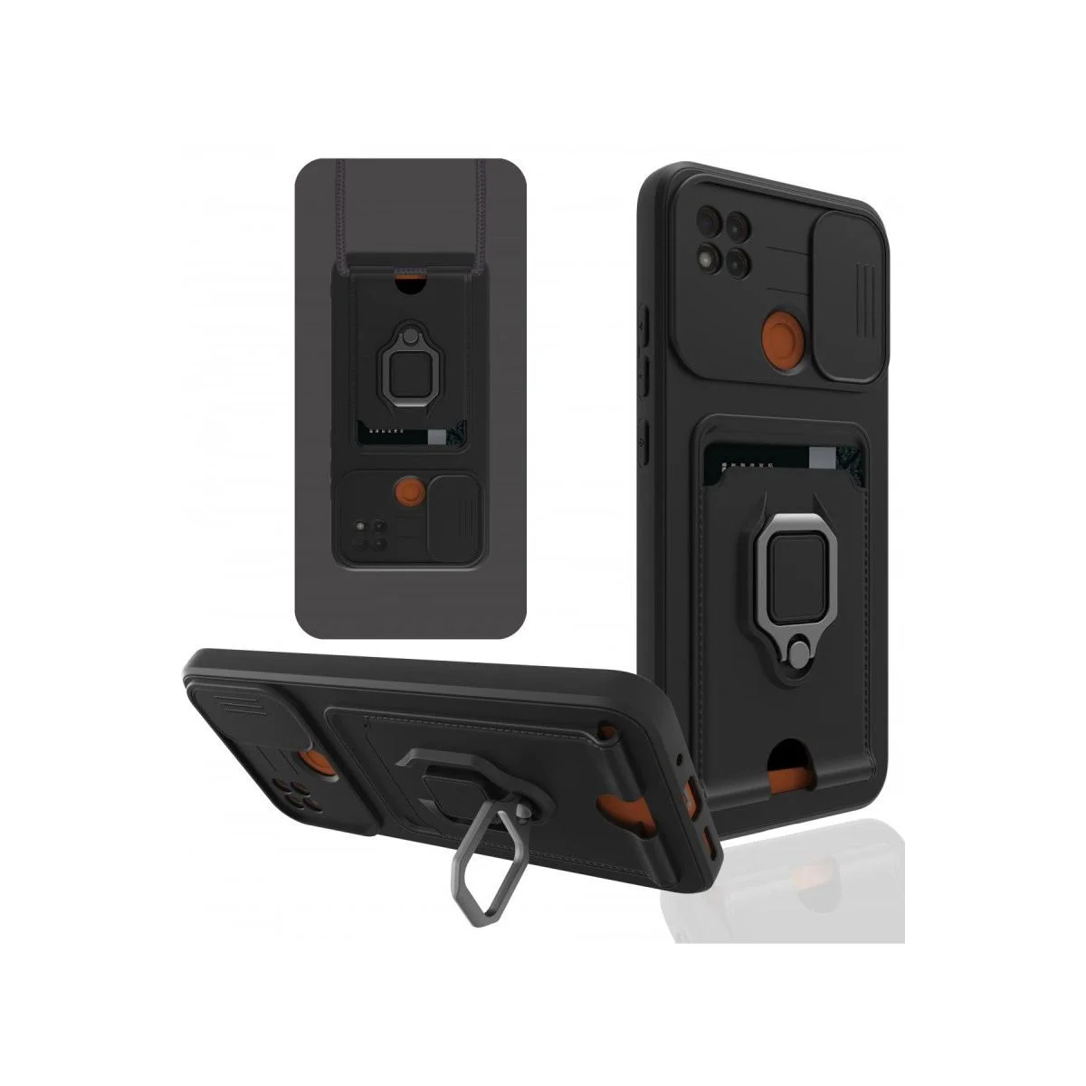 Zuma Kartvizitli Yüzüklü Silikon Kılıf - Xiaomi Redmi 9c ile Uyumlu, Kaydırmalı Kamera Korumalı, Stand Yüzüklü, Mat Yüzeyli Soft TPU Kılıf - Siyah