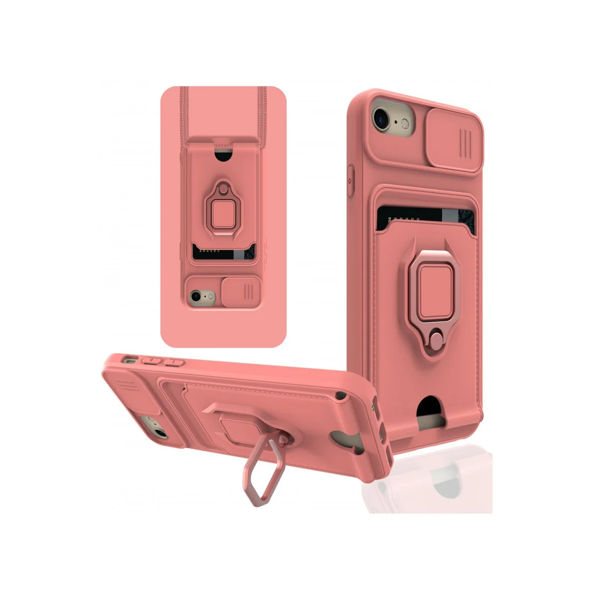 Zuma Kartvizitli Yüzüklü Silikon Kılıf - iPhone 7 Pembe Stand & Kart Bölmeli