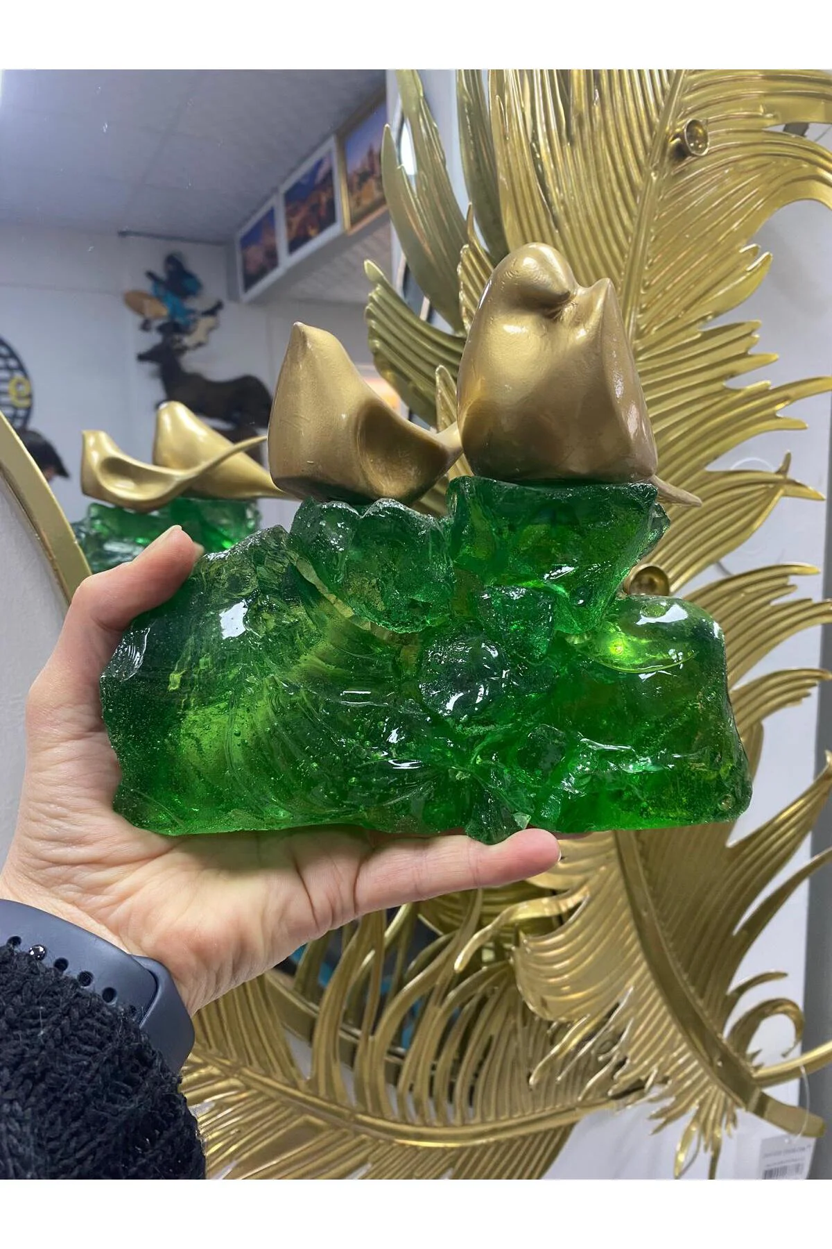 Zümrüt Yeşili Epoksi Kayalıkta Kuşlar Biblosu 20x17cm