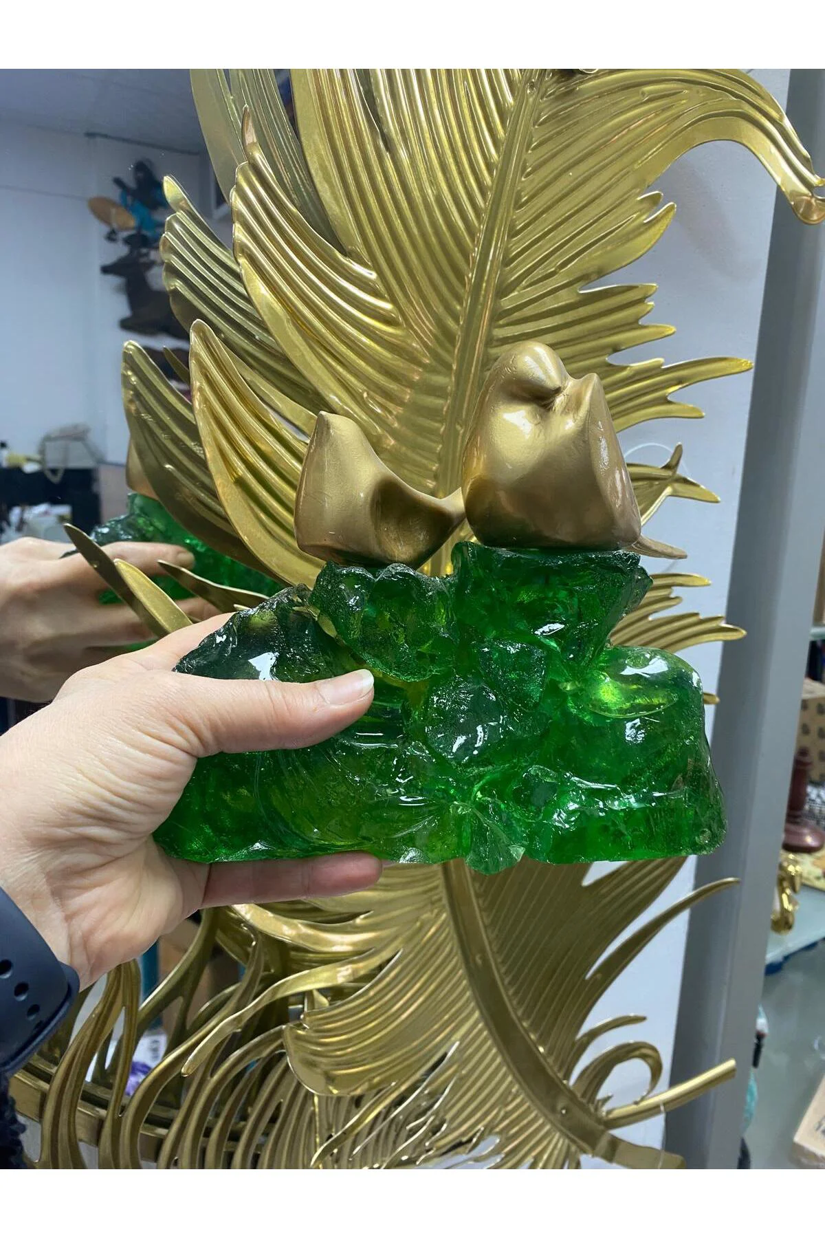 Zümrüt Yeşili Epoksi Kayalıkta Kuşlar Biblosu 20x17cm