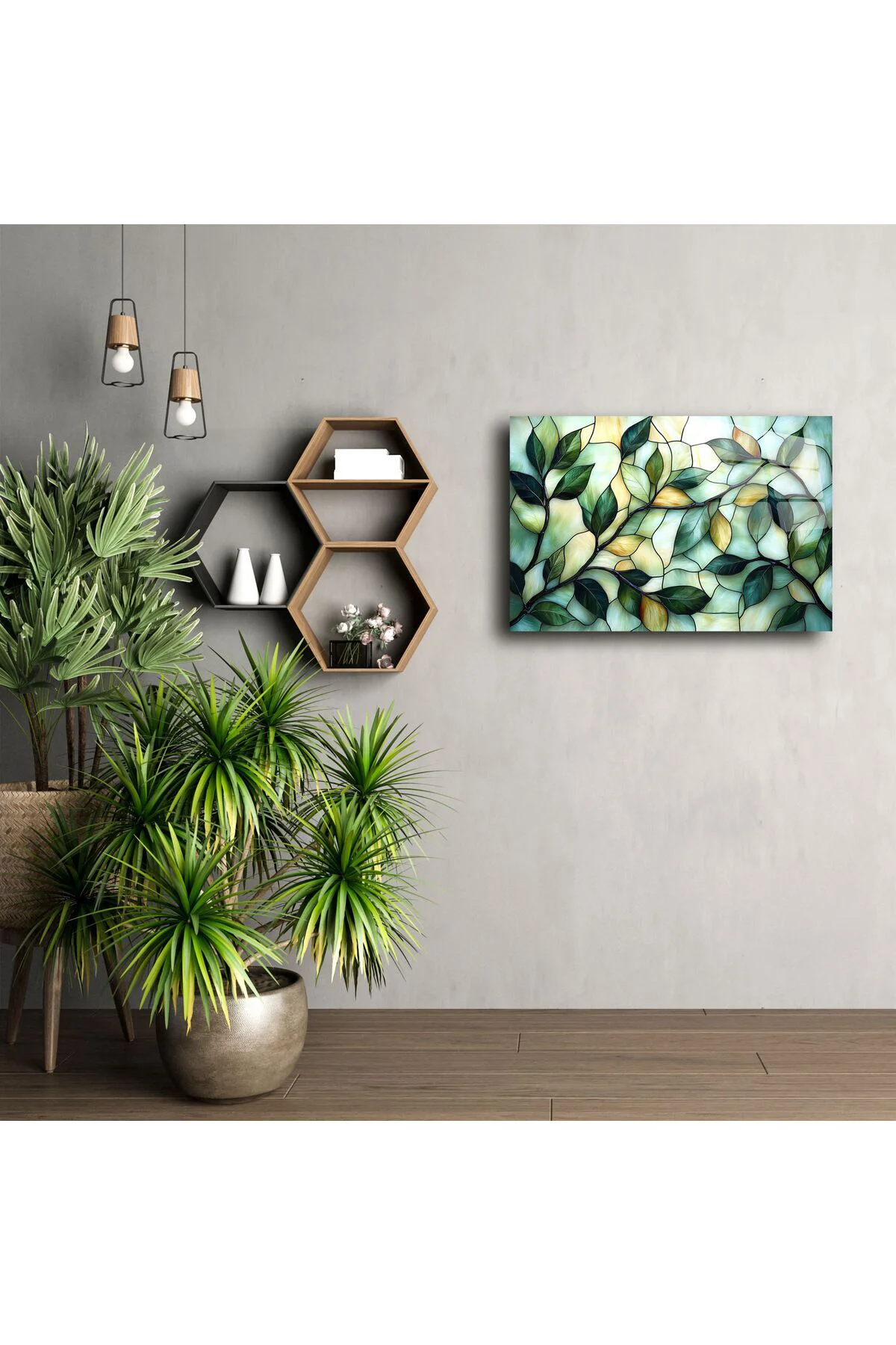Zümrüt Yeşili Yapraklı Vitray Panel Zümrüt Yeşili Yapraklı Vitray Panel