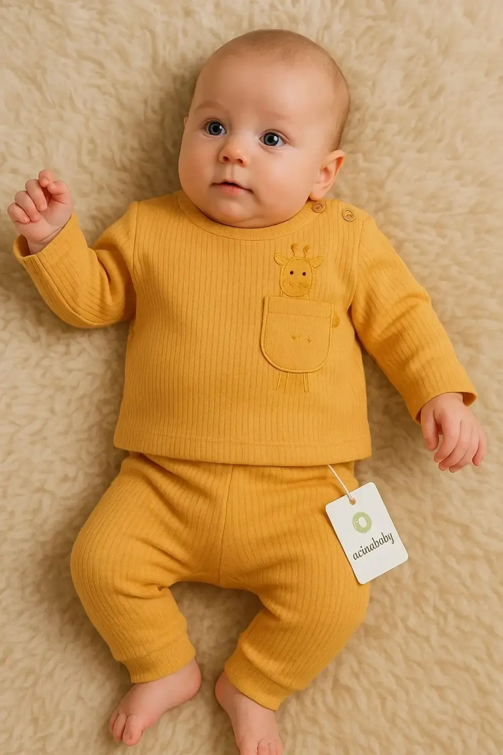 Zürafa Cep Nakışlı Omuzdan Düğmeli % 100 Pamuk Erkek Bebek Takım