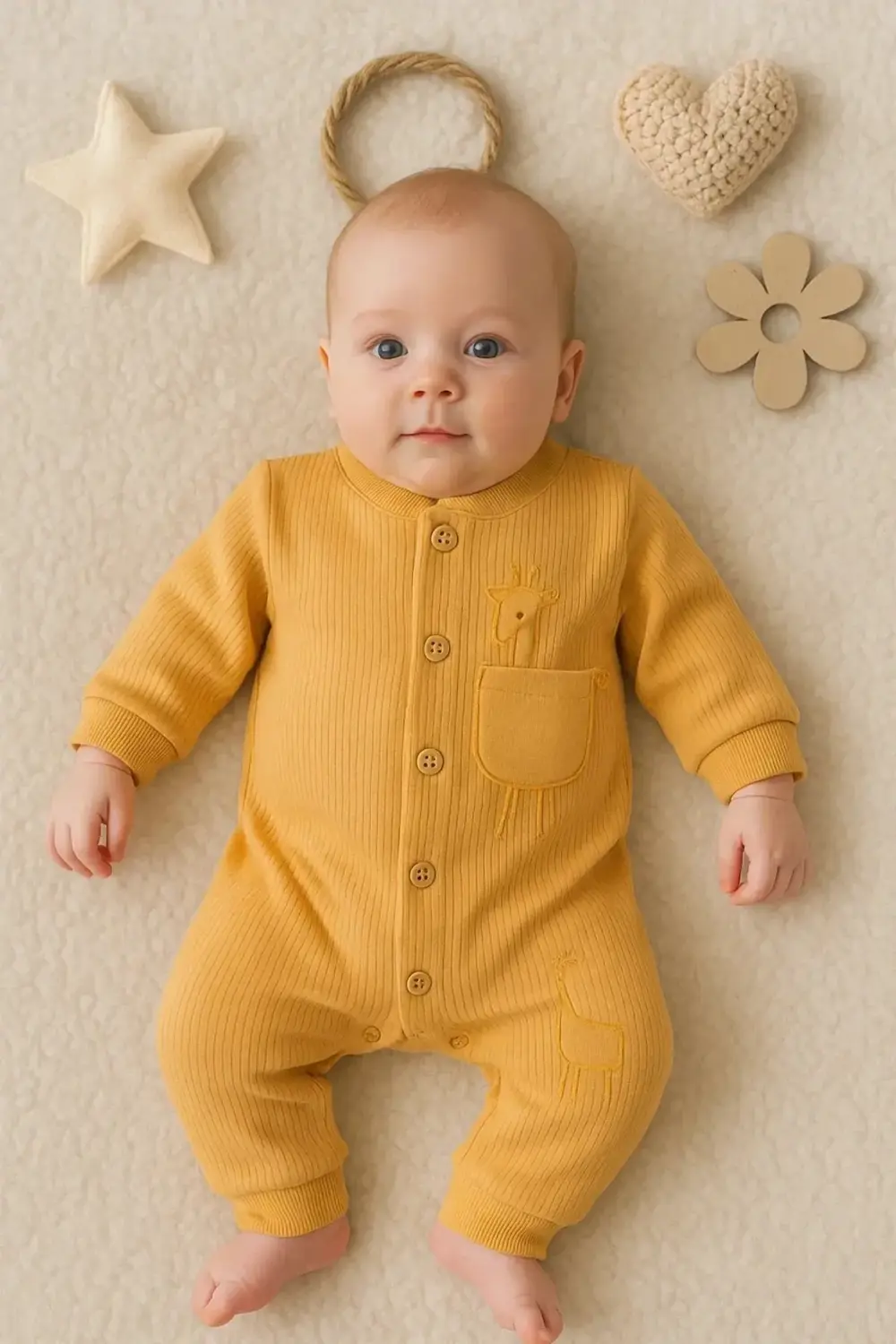 Zürafa Nakışlı Cepli % 100 Pamuk Erkek Bebek Tulumu