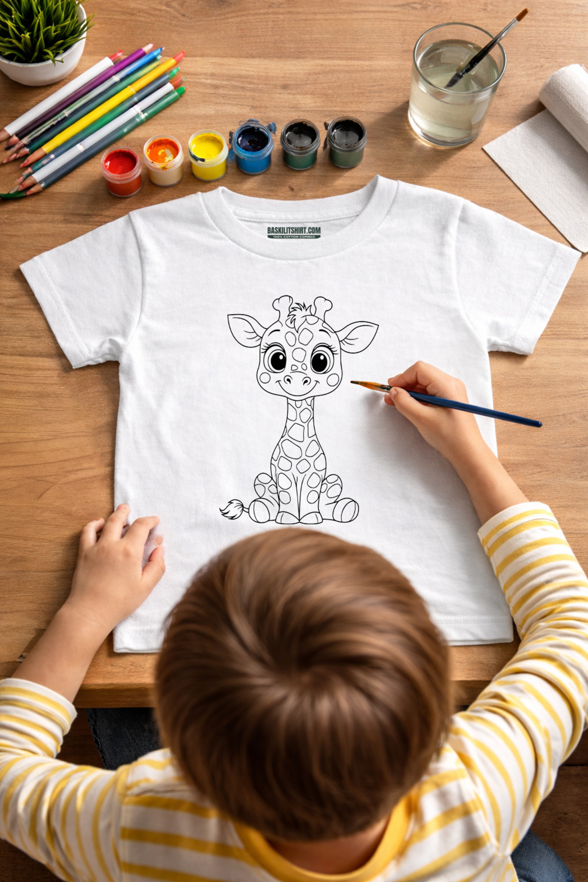 Zürafa Tişört Boyama Seti – Çocuk Full Set Fırçalı, Kreatif Elbis