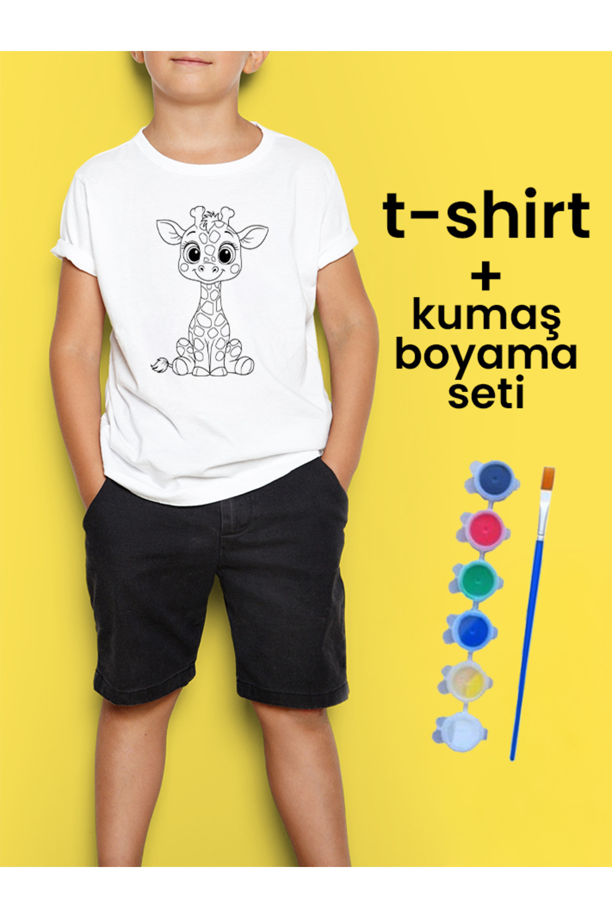 Zürafa Tişört Boyama Seti – Çocuk Full Set Fırçalı, Kreatif Elbis