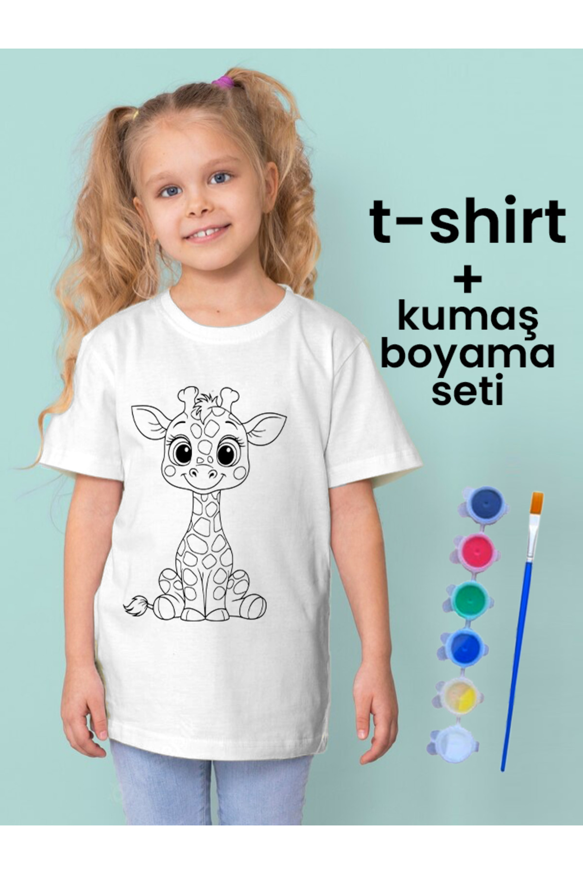 Zürafa Tişört Boyama Seti – Çocuk Full Set Fırçalı, Kreatif Elbis